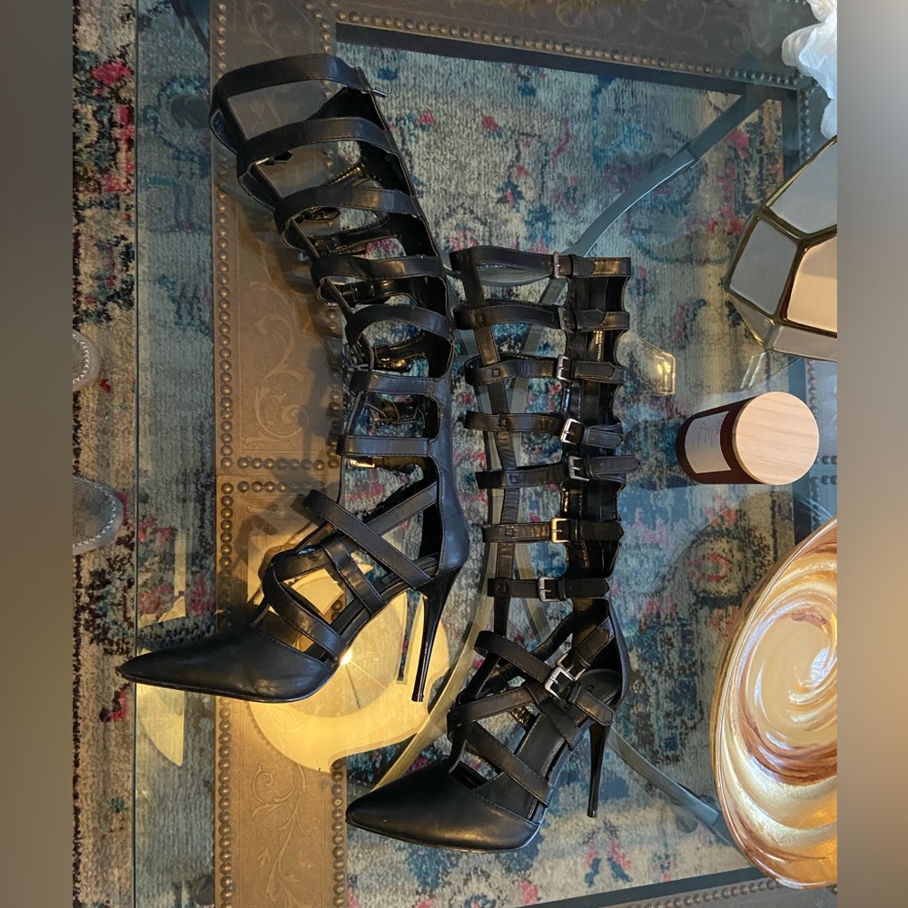 Black trendy knee high strappy heel